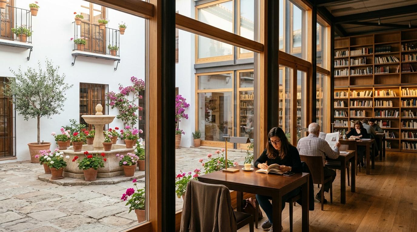 Les bibliothèques de Cordoue : refuges secrets des quartiers Intérieur d'une bibliothèque lumineuse à Cordoue avec des étagères en bois et une vue sur un patio andalou traditionnel baigné de soleil.