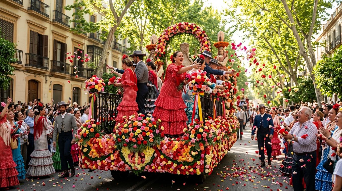 Mayo Festivo à Cordoue : le guide pour lancer le printemps Un char fleuri décoré d'œillets colorés lors de la Batalla de las Flores à Cordoue, sous le soleil printanier de l'avenue de la Victoria.