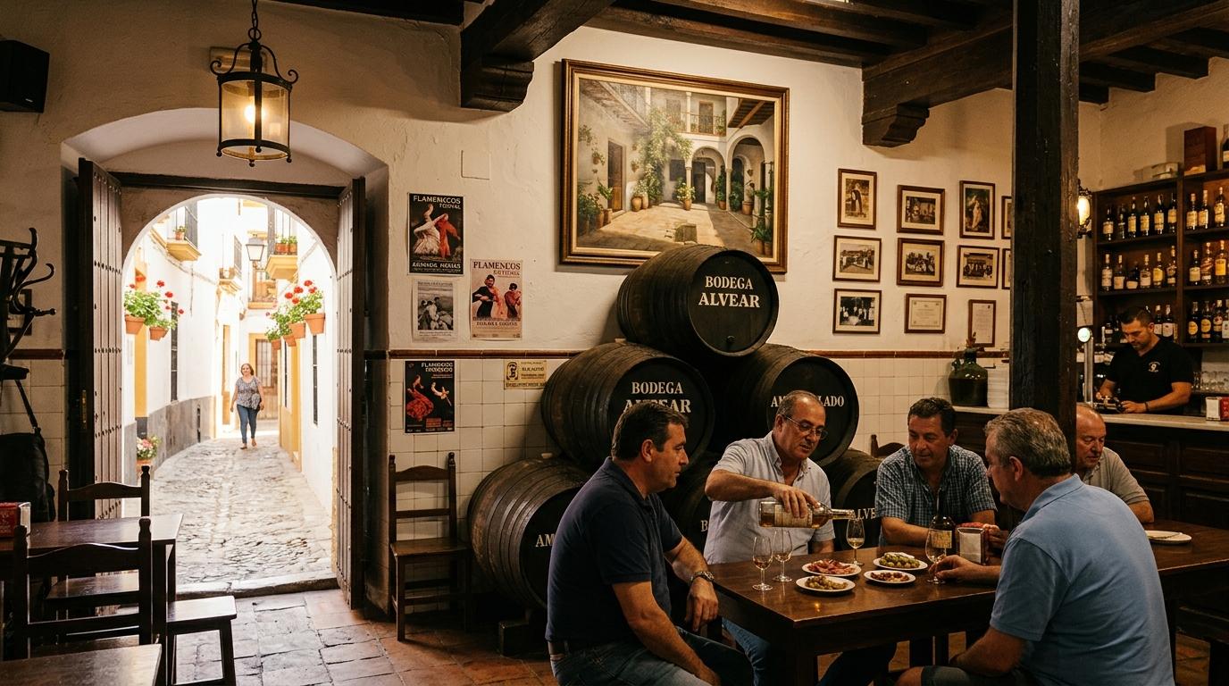 Rafael Pineda à Cordoue : une route d’art entre les tavernes Intérieur d'une taverne traditionnelle de Cordoue avec des tonneaux en bois, une peinture exposée sur un mur à la chaux et une lumière dorée.