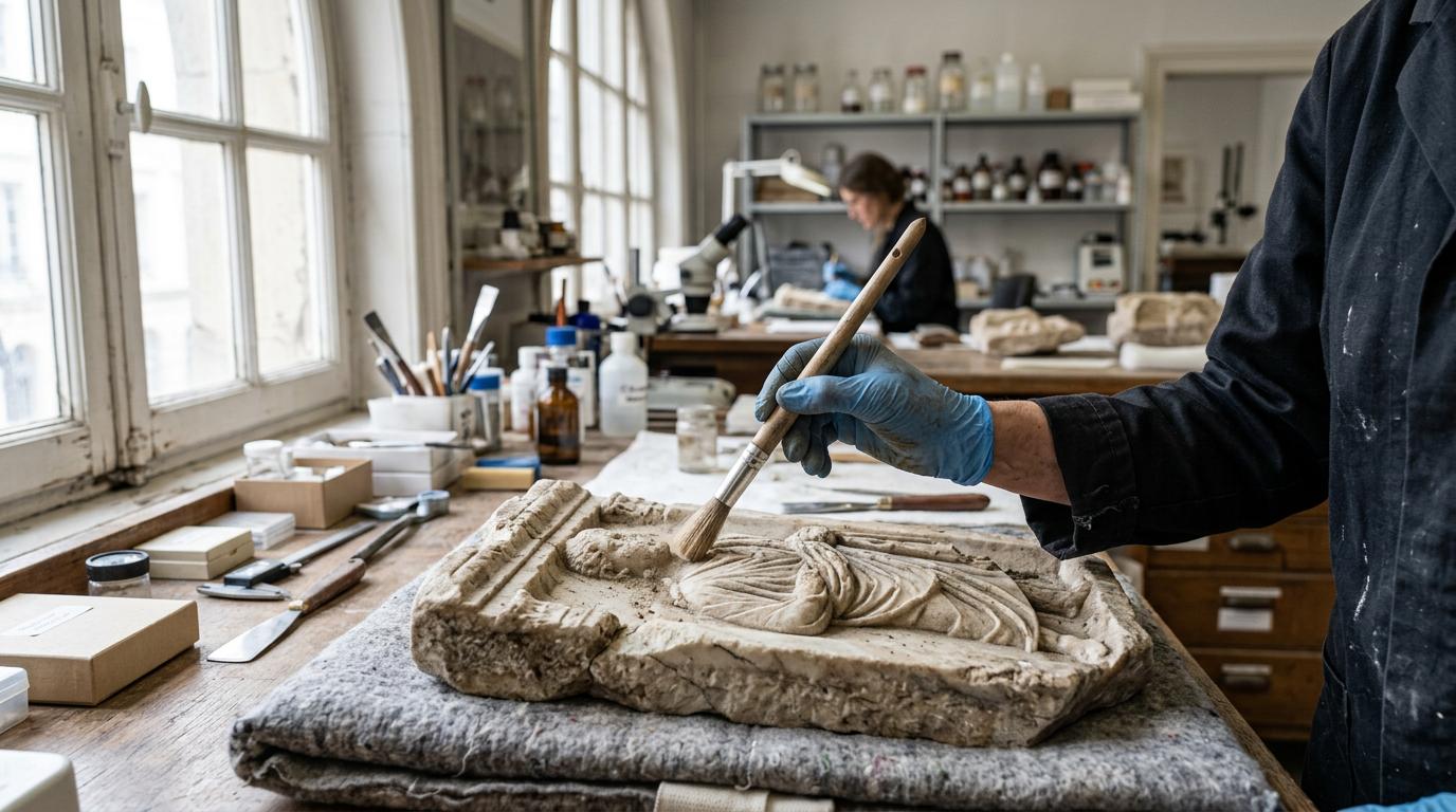 La Journée internationale des musées à Cordoue : le programme Gros plan d'une main de restaurateur nettoyant délicatement un fragment de marbre romain avec un pinceau dans un laboratoire de musée.