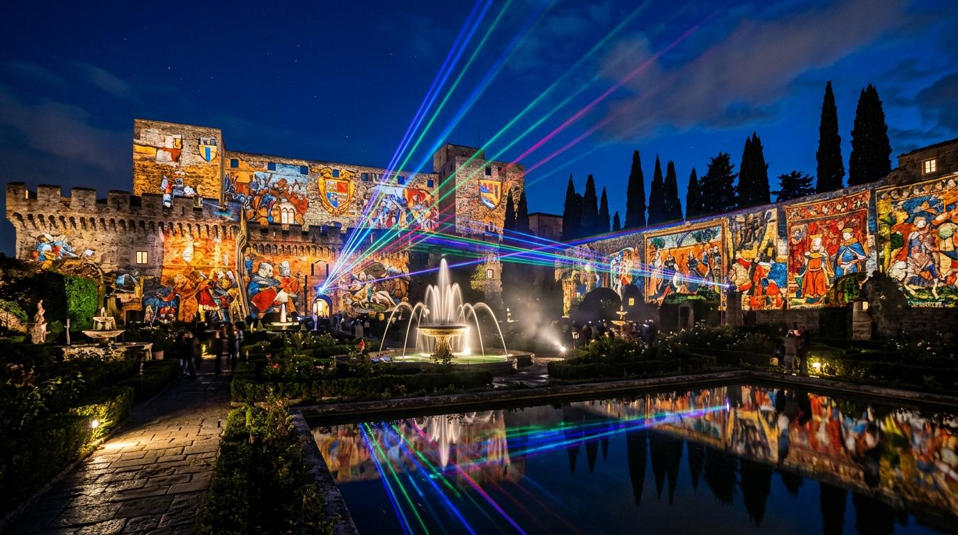 Navegantes au Alcázar de Cordoue : l’histoire en lumières Spectacle nocturne dans les jardins de l'Alcázar de Cordoue avec des jeux de lumières, des lasers colorés et des projections sur les murs historiques.