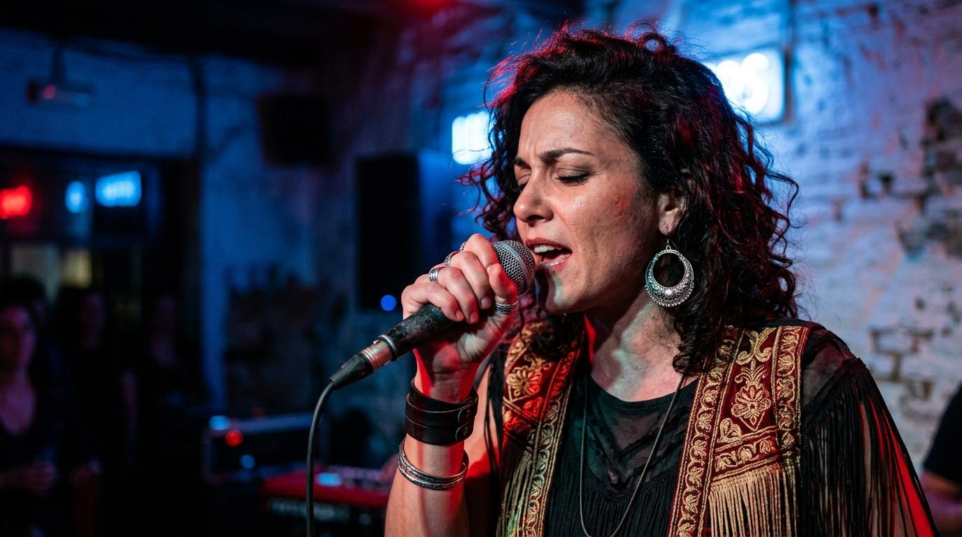 Nita de Fuel Fandango : le retour électro à Cordoue Portrait artistique d'une chanteuse espagnole sous des néons colorés évoquant l'ambiance électro-flamenco de la scène musicale de Cordoue.