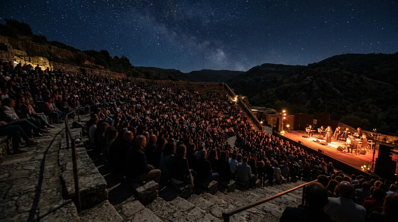 Sergio Dalma à Cordoue : l’Italie s’invite à l’Axerquía Le théâtre de l'Axerquía à Cordoue illuminé pour un concert nocturne sous le ciel étoilé d'Andalousie.